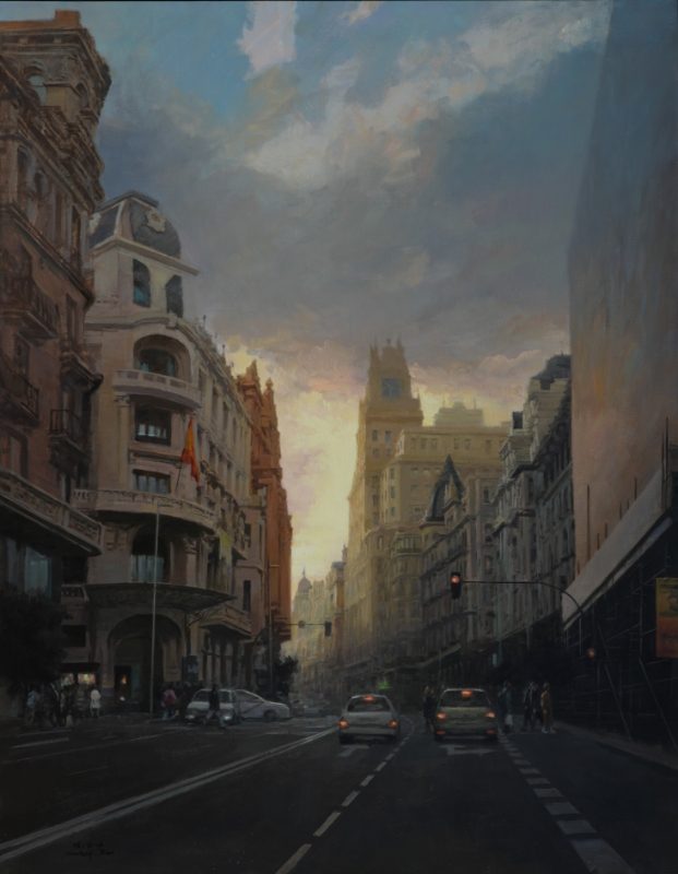 La Gran Vía de Madrid al atardecer, óleo de Jinzhong Rao