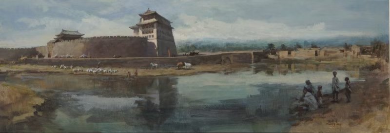 Muralla y torreón del antiguo Beijing reflejados en el agua, óleo