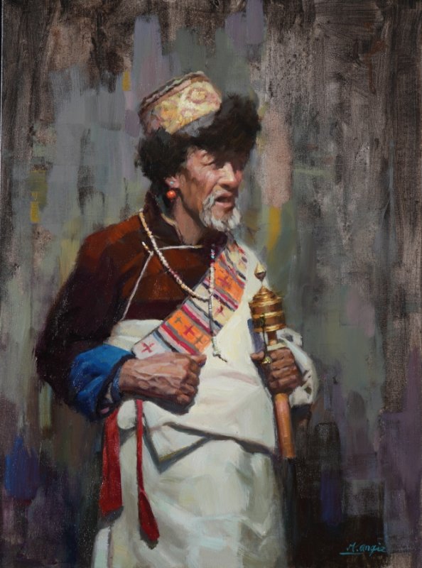 Retrato de un peregrino con molinillo de oración, óleo