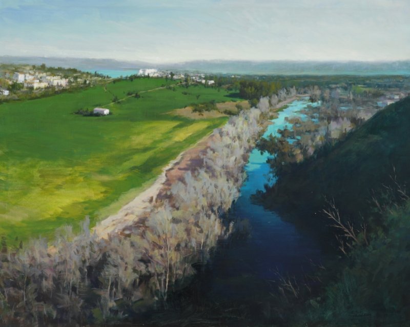 Paisaje con río turquesa y campos verdes, óleo